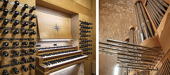 [bild] Metzler-orgeln i Poblet ~ Spelbordet och del av fasaden med Chamade-verk